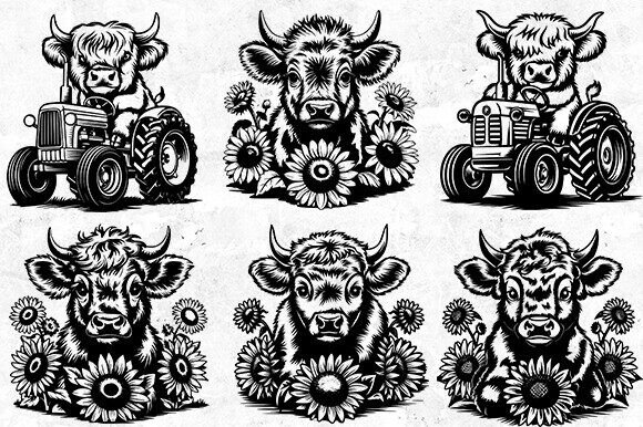 Floral Highland Cow Head Vector Bundle