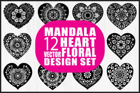Mandala Floral Heart Vector Set