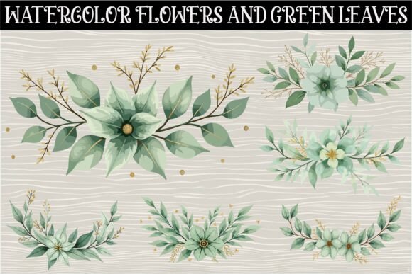 Watercolor Flowers with Green Leaves