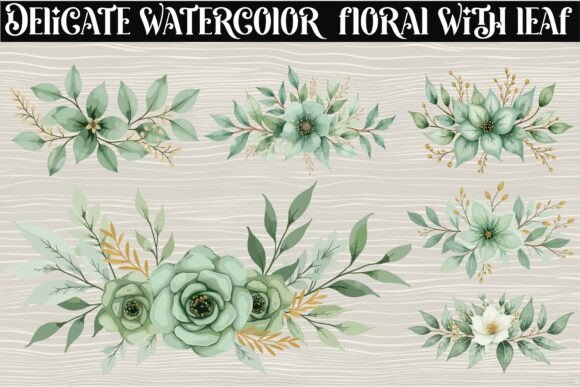 Watercolor White Flowers and Green Leaves